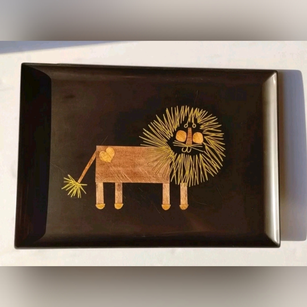 Couroc of Monterey Lion Tray Inlaid Wood Brass Platter MCM Black Gold Safari